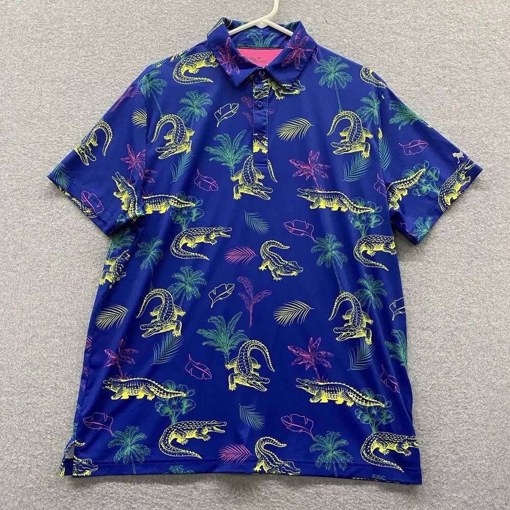 Birdie Bound Men’s L Golf Polo Blue Crocodile Alligator Palm Tree Tropical Shirt